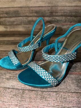 Bakers Teal Crystal-Strap Satin Slingback Heels